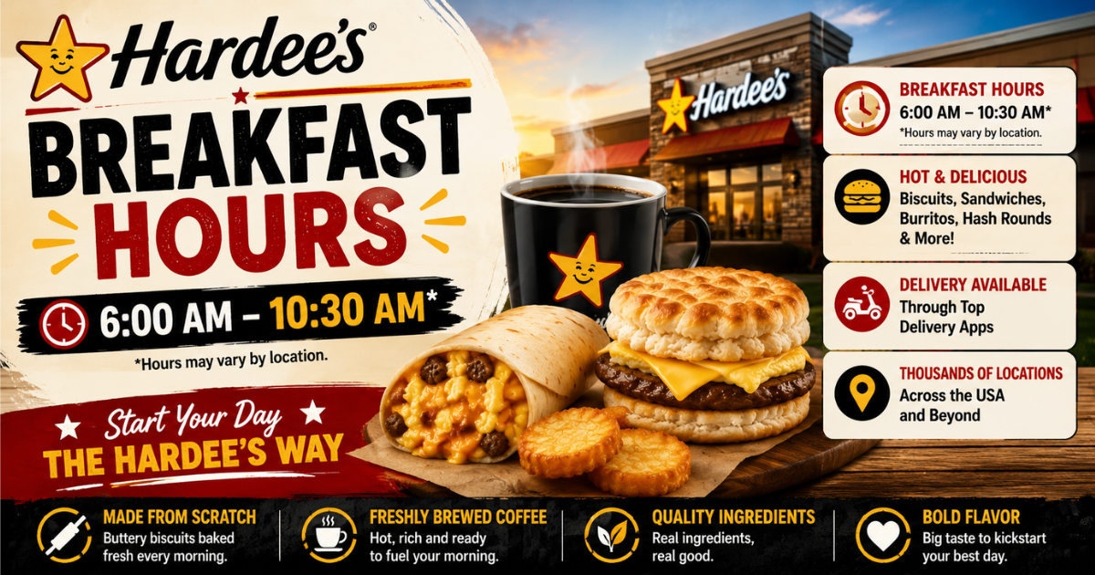 Hardee's breakfast hours featured image showing breakfast menu, biscuits, sandwiches, coffee, and morning opening times